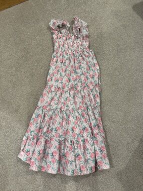 Pink Floral Tiered Midi Sundress with Ruffle Straps